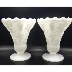 Anchor Hocking White Milk Glass Vases Vintage Grapes & Ivy Pattern Pair Footed